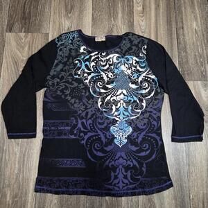 Blue Canyon 3/4 Sleeve Black Shirt Size Large Y2K Grunge Purple Blue White